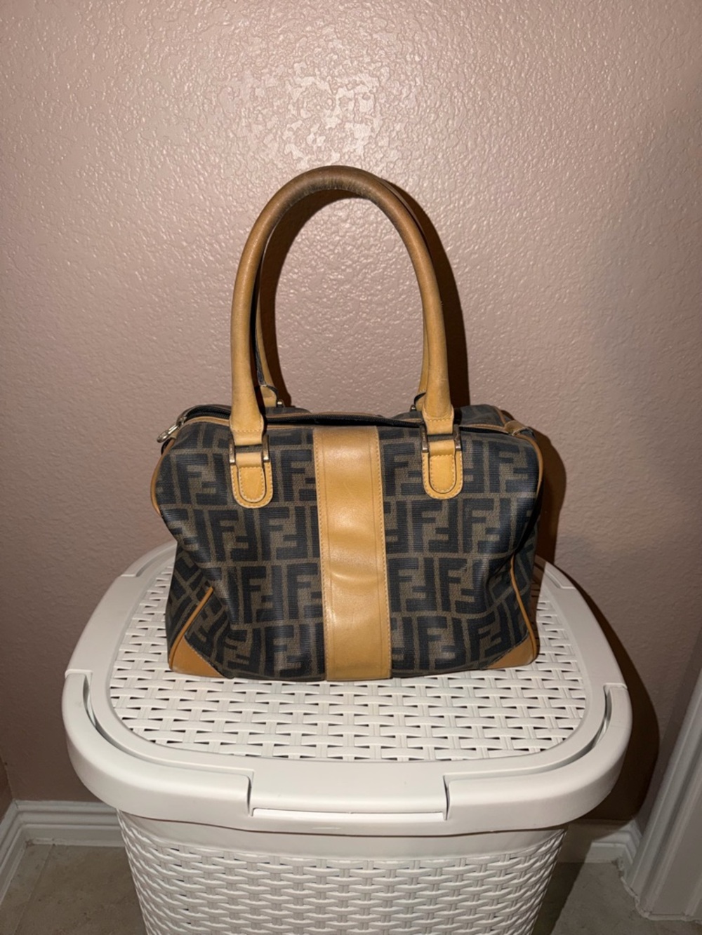 Vintage Fendi Brown Monogram Satchel with Tan Leather Trim - Picture 2 of 3